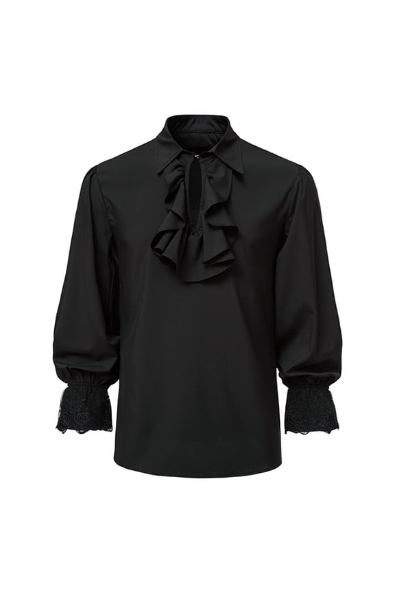 Button Up Shirts for Men Pullover Long Sleeve Stand Collar Ruffled Renaissance Shirt Steampunk Trumpet Sleeve Top,Black