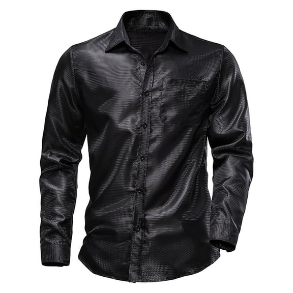IROINNID Button Up Shirts for Men Solid Long Sleeve Turndown Patchwork Button T-Shirt Tops Blouse,Black
