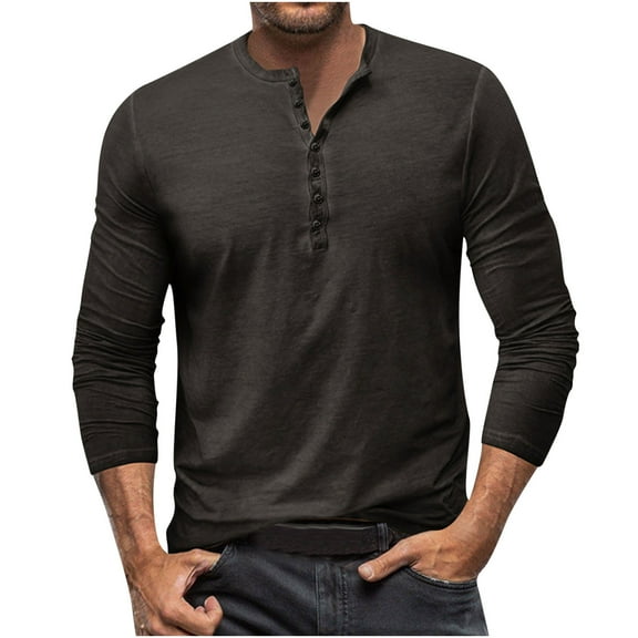 IROINNID Button Up Shirts for Men Solid Round Neck Long Sleeve Pullover Breathable Shirt Blouse Tops,Dark Gray