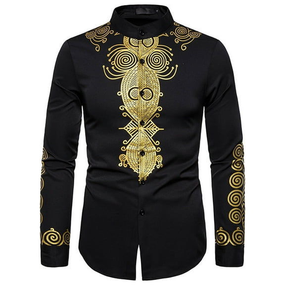 IROINNID Button Up Shirts for Men Totem Print Shirt African Style Long-sleeved Stand-up Collar Shirt Blouse,Black