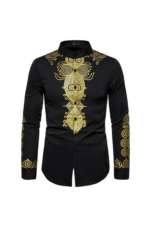 Button Up Shirts for Men Totem Print Shirt African Style Long-sleeved Stand-up Collar Shirt Blouse,Black