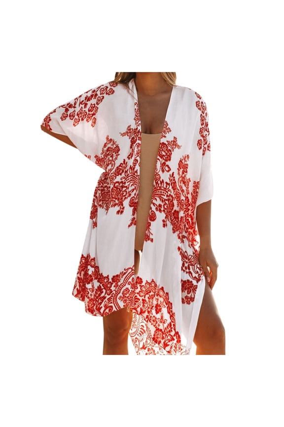 Cardigan Outfits for Women Chiffon Floral Printed Beach 3/4 Sleeve Lose Mid-Length Cardigan Split Fork Cover Up,Red