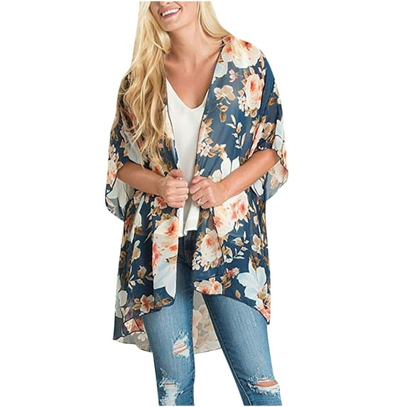 IROINNID Cardigan Outfits for Women Flowy Kimono Cardigan Open Front Dress Printed Chiffon Blouse Loose Tops,Blue
