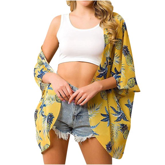 IROINNID Cardigan Outfits for Women Summer Beach Printed Chiffon Tops Sun Protection Blouses,Yellow