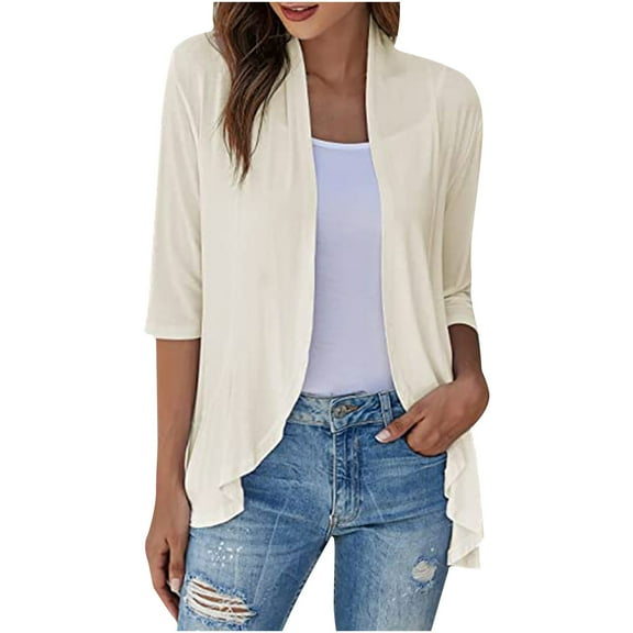 IROINNID Cardigan Outfits for Women Summer Three Quarter Sleeve Cardigan Solid Color Blouse Tops,Beige