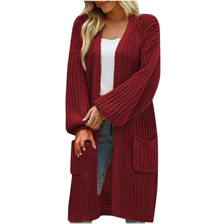 IROINNID Cardigan for Women Loose Crochet Long Cardigan Front Open Matching Knitted Oversized Cardigan Sweater with Pocket Burgundy Walmart