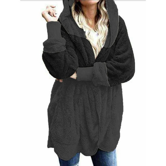 IROINNID Cardigan for Women Open Front And Winter Loose Hoodie Patchwork Color Female Blouse Plush Cardigan Long-sleeved Coat,Black