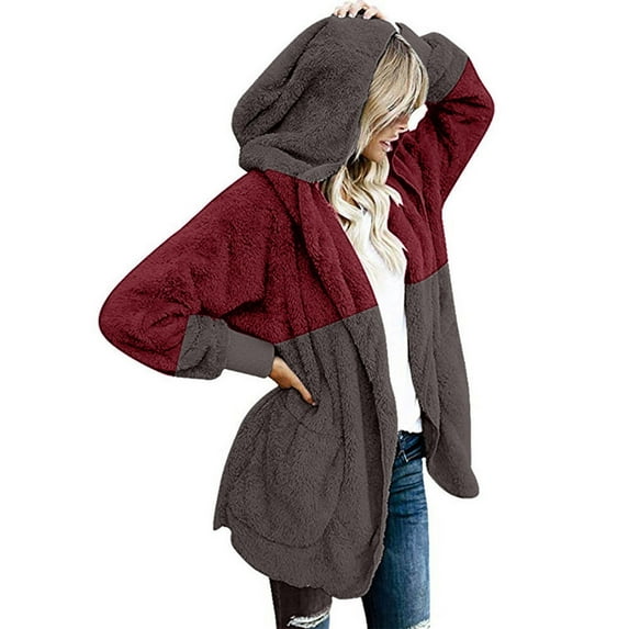 IROINNID Cardigan for Women Open Front Clearance And Winter Loose Hoodie Patchwork Color Female Blouse Plush Cardigan Long-sleeved Coat,Burgundy