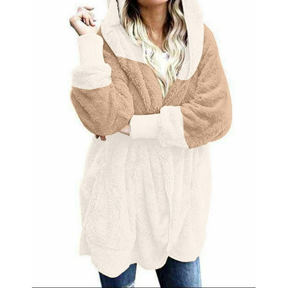 IROINNID Cardigan for Women Open Front Clearance And Winter Loose Hoodie Patchwork Color Female Blouse Plush Cardigan Long-sleeved Coat,Khaki