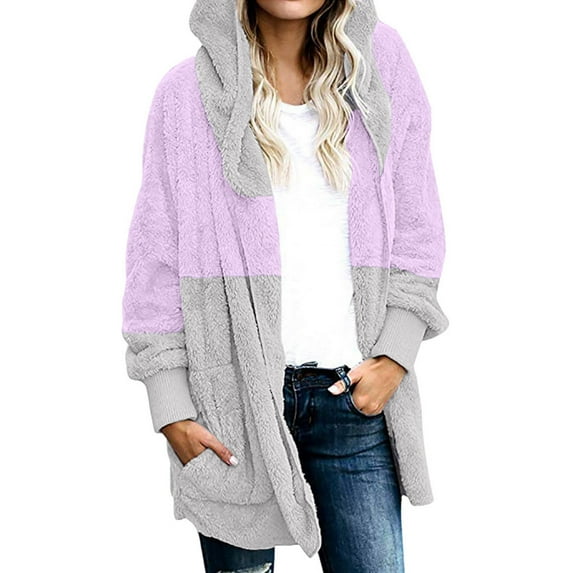 IROINNID Cardigan for Women Open Front Clearance And Winter Loose Hoodie Patchwork Color Female Blouse Plush Cardigan Long-sleeved Coat,Purple