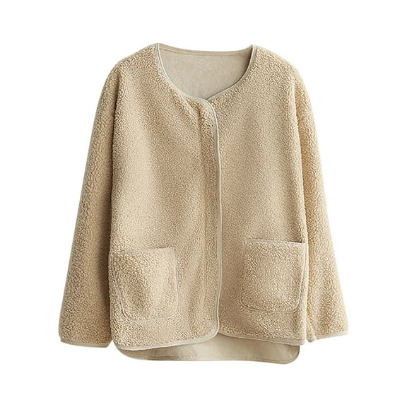IROINNID Cardigan for Women Open Front Lamb Plush Jacket With Velvet Thick Round Neck Long Sleeve Loose Solid Outerwear with Pocket,Khaki