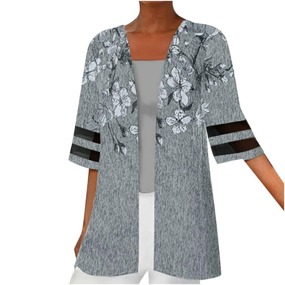 IROINNID Cardigan for Women Open Front Lightweight Printing Mesh Splicing Three Quarter Sleeve Lounge Outerwear Blouse Cardigan,Gray