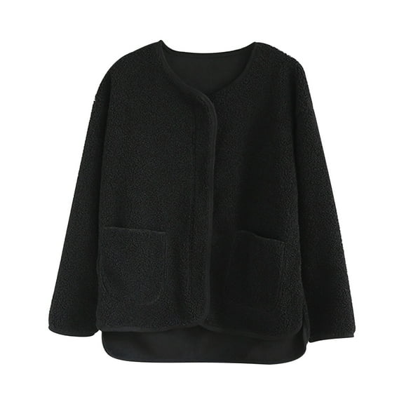 IROINNID Cardigan for Women Open Front Lamb Plush Jacket With Velvet Thick Round Neck Long Sleeve Loose Solid Outerwear with Pocket,Black