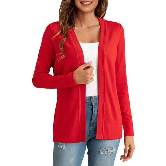 IROINNID Cardigan for Women Open Front Lightweight Cardigan Fitted Jacket Casual Office Cropped Outerwear,Red