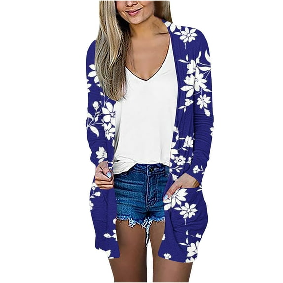 IROINNID Cardigan for Women Open Front On Sale Lightweight Solid Color Long Sleeve Outerwear Blouse Cardigan with Pocket,Dark Blue