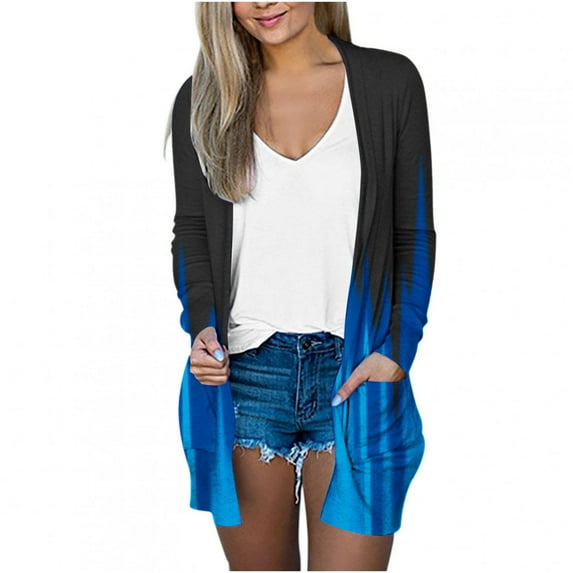 IROINNID Cardigan for Women Open Front Reduced Lightweight Outerwear Printed Long Sleeve Casual Lounge Cardigan with Pocket,Blue