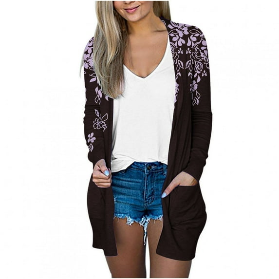 IROINNID Cardigan for Women Open Front Reduced Lightweight Outerwear Printed Long Sleeve Casual Lounge Cardigan with Pocket,Purple B