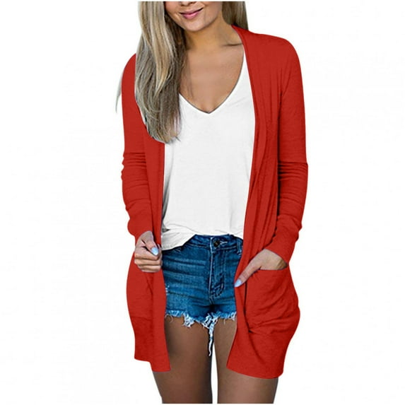 IROINNID Cardigan for Women Open Front Reduced Lightweight Solid Color Long Sleeve Casual Outerwear Cardigan with Pocket,Red