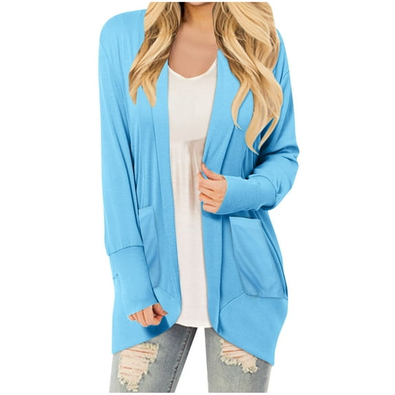 IROINNID Cardigan for Women Open Front Reduced Lightweight Solid Color Long Sleeve Cotton Outerwear Blouse And Button Cardigan with Pocket,Sky Blue