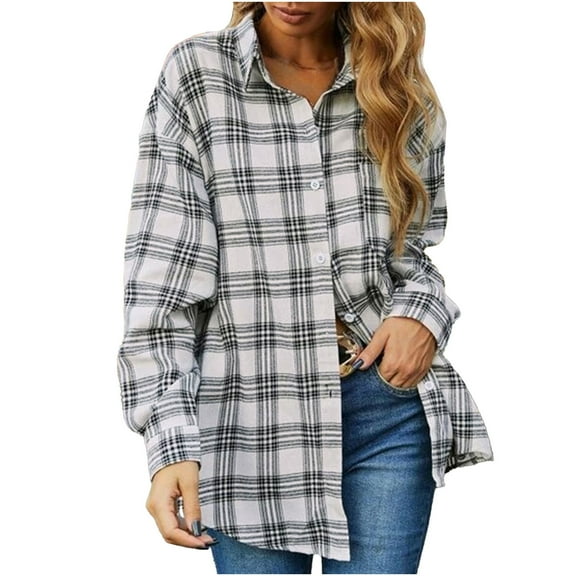 IROINNID Cardigan for Women Open Front Lightweight Casual Pockets Printed Long Sleeve Outerwear Jacket Plaid Coat,White