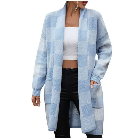 IROINNID Cardigan for Women Open Front Savings Lightweight Outerwear Loose Plaid Color Matching Knitted Cardigan Casual Overcoat,Blue