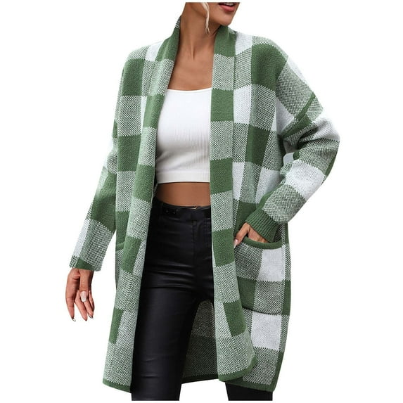 IROINNID Cardigan for Women Open Front Savings Lightweight Outerwear Loose Plaid Color Matching Knitted Cardigan Casual Overcoat,Green