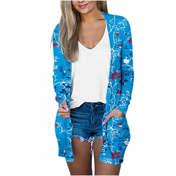 IROINNID Cardigan for Women Open Front Savings Lightweight Printing Long Sleeve Casual Outerwear Lounge Cardigan with Pocket,Dark Blue