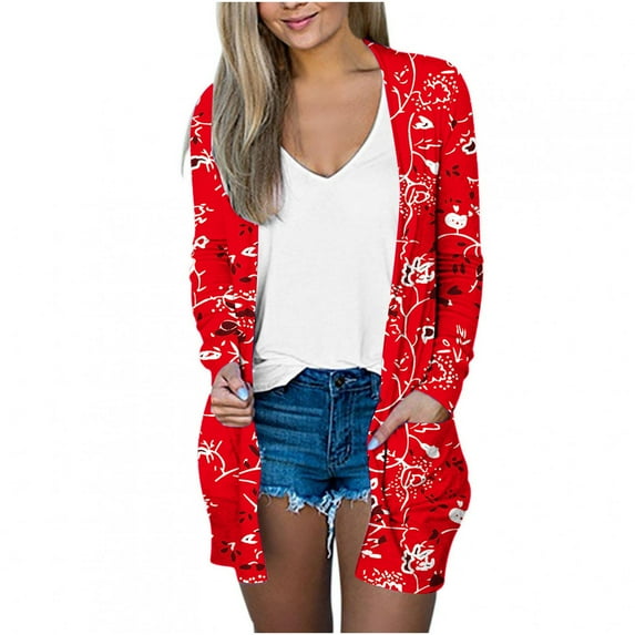 IROINNID Cardigan for Women Open Front Savings Lightweight Printing Long Sleeve Casual Outerwear Lounge Cardigan with Pocket,Red