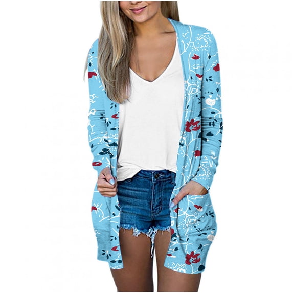 IROINNID Cardigan for Women Printing Cotton Tops Long Sleeve Casual Blouse With Pocket Outerwear,Blue