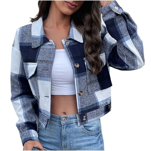 IROINNID Cardigan for Women Turndown Lapel Plaid Short Jacket Cropped Long Sleeve Single-breasted Coat,Navy