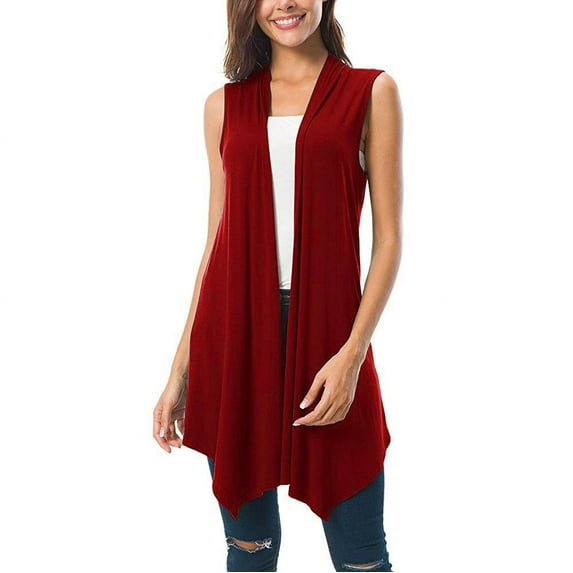 IROINNID Cardigan for Women Sleeveless Front Open Pleated Sleeveless Cardigan Asymmetric Hem Lightweight Basic Casual Cardigans,Red