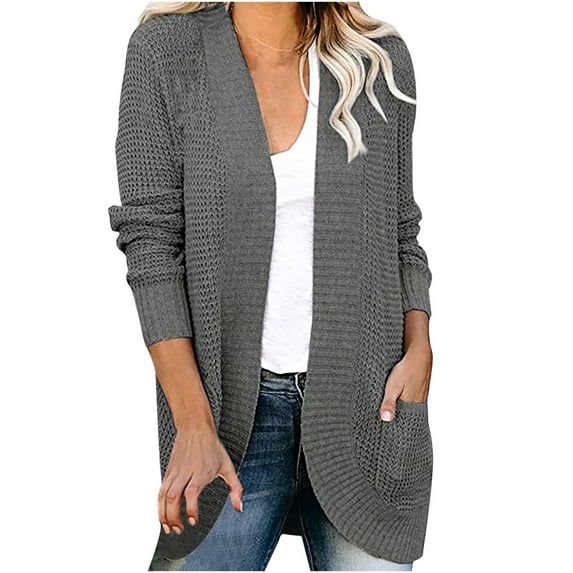 IROINNID Cardigan for Women Solid Long Sleeve Pocket Plush Long Knit Cardigan Sweater,Dark Gray