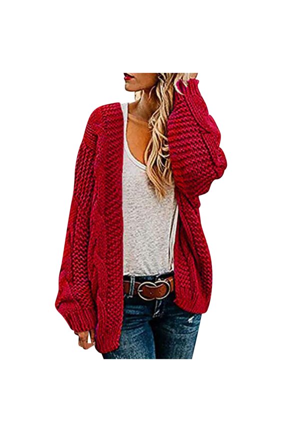 Cardigan for Women Winter Autumn Warm Knit Cardigans Loose Slouchy Oversized Sweaters Solid Front Open Cardigan with Pocket,Red