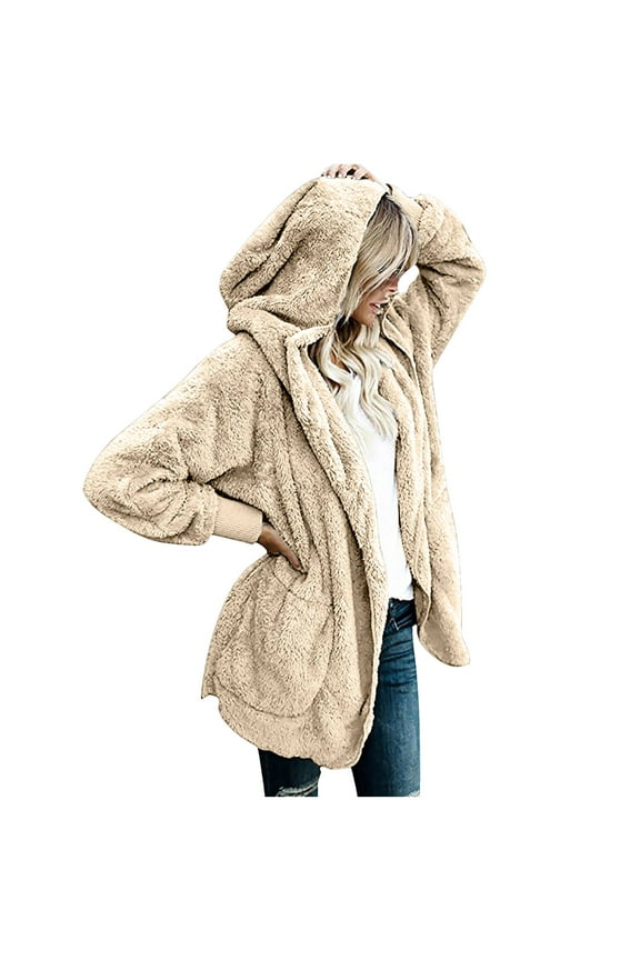 Cardigan for Women Winter Warm Oversized Front Open Hooded Coat Shearling Thermal Home Cardigan with Pocket,Beige
