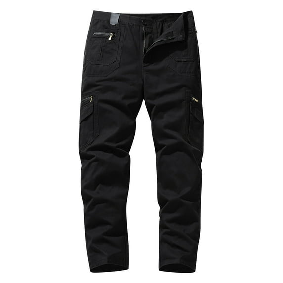 IROINNID Cargo Pants For Men Solid Color Button-Zip Multi-Pocket Straight Elastic Waist Trousers