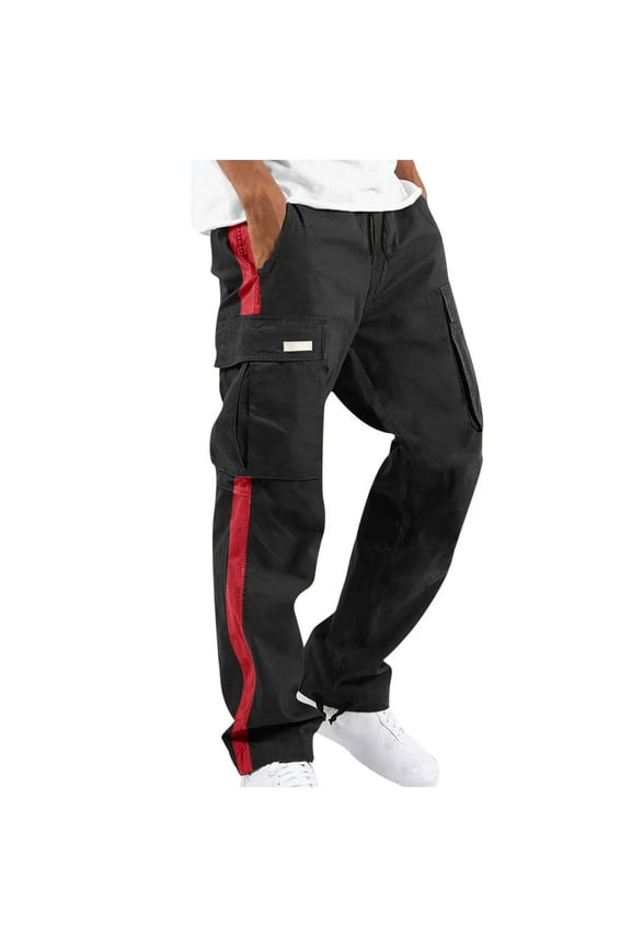 Cargo Pants For Men Stripes Patchwork Outdoor Straight Type Fitness Pants Elastic Waist Pants With Multiple Pockets