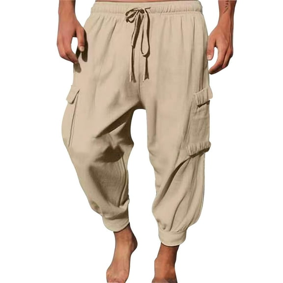 IROINNID Cargo Pants for Men Solid Color Sport Loose Threaded Leg Drawstring Solid Color Cargo Eighths Length Pants,Khaki