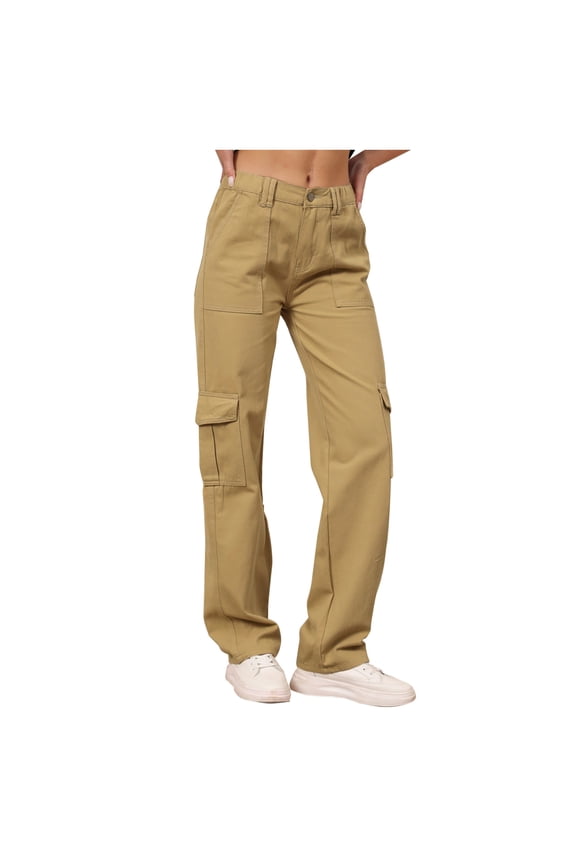 Cargo Pants for Women Solid Full Length Pants Straight Versatile Flat Front Cargo Pants,Brown