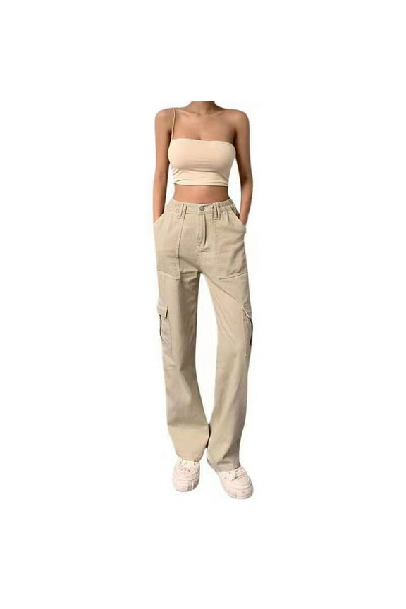 Cargo Pants for Women Solid Full Length Pants Straight Versatile Flat Front Cargo Pants,Khaki