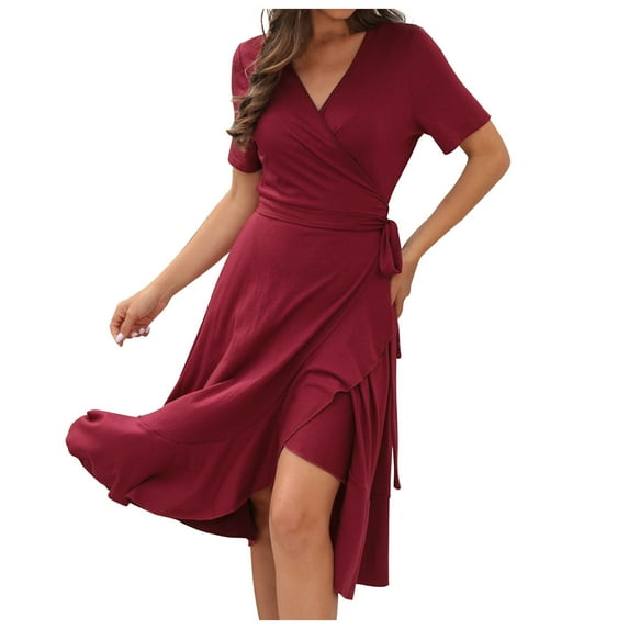 IROINNID Casual Dresses For Women Going Out Summer Plain Short-sleeved V-neck Long Dress Cheap