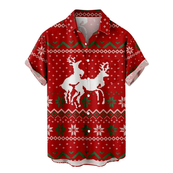 IROINNID Christmas Button Up Shirt for Men Funny Print Hawaiian Shirt Xmas Holiday Vacation Gift Button Tops,Burgundy