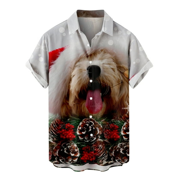 IROINNID Christmas Button Up Shirt for Men Funny Print Hawaiian Shirt Xmas Holiday Vacation Gift Button Tops,White