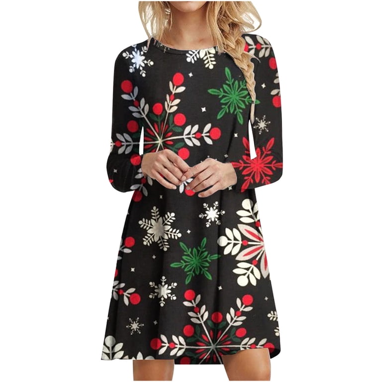 fit and flare christmas party dresses IROINNID for Women Casual Xmas Print Long Sleeve Loose Christmas Dress,Green Vintage Modest Wedding Guest