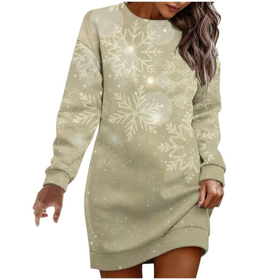 IROINNID Christmas Dresses for Women Christmas Printed Long Sleeve Round Neck Short Sweatshirt Dresses Deals,Yellow