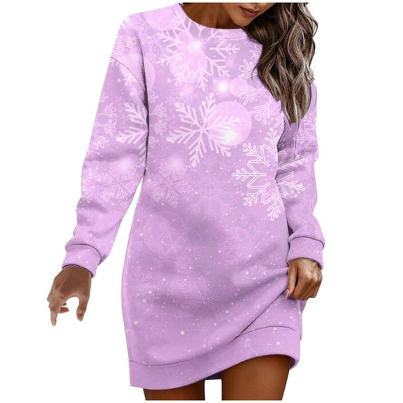 IROINNID Christmas Dresses for Women Christmas Printed Long Sleeve Round Neck Sweatshirt Short Dresses Savings,Purple