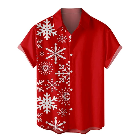 IROINNID Christmas Funny T-Shirt for Men Snowflake Print Hawaiian Tops Xmas Vacation Holiday Gift Button Up Shirt,Red