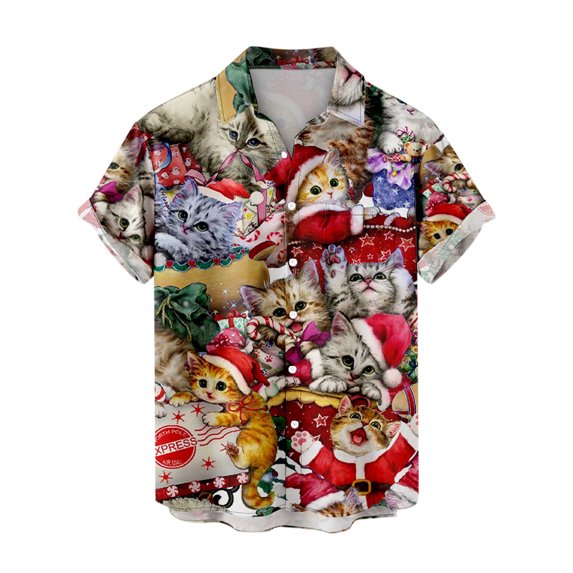 IROINNID Christmas Funny T-Shirt for Men Xmas Print Button Up Tops Vacation Holiday Gift Hawaiian Shirt,Red