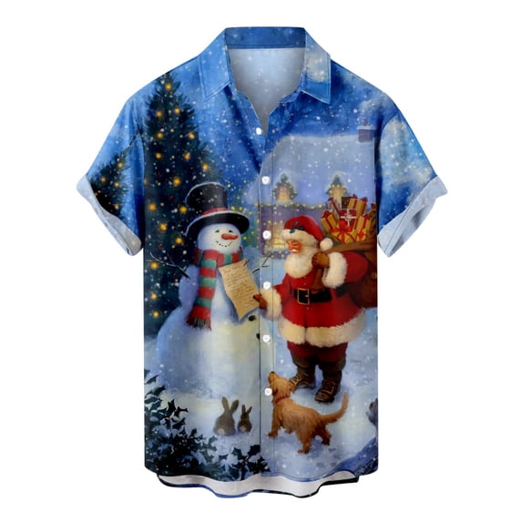 IROINNID Christmas Hawaiian Shirt Funny Santa Print Button Up Tropical T-shirt Short Sleeve Xmas Vacation Tops,Blue