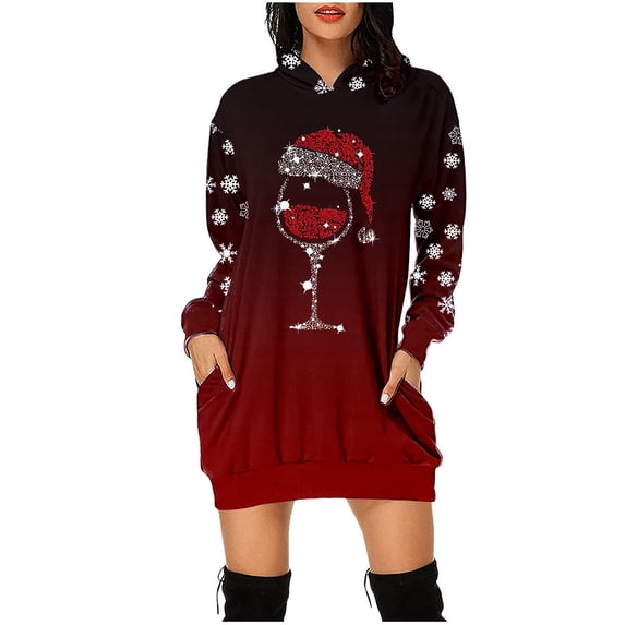 IROINNID Christmas Hooded Dress for Women with Pocket Graphic Print Thigh Length Xmas Party Dress,Burgundy