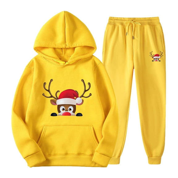 IROINNID Christmas Hoodie Two-Pieces Sets for Men Xmas Print Long Sleeve Hooded Pullover with Pocket Loose Sweatpants Winter Warm Holiday Sets,Yellow